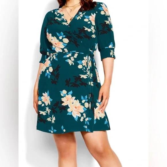 City Chic Dresses City Chic Dark Green Floral Wrap Dress